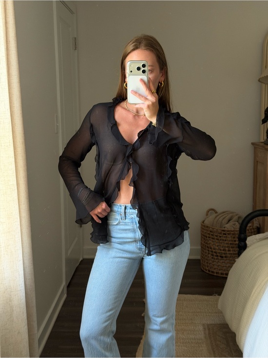 Wilfred Tops - Aritzia Sheer Ruffle-Trim Black Long-Sleeve Top